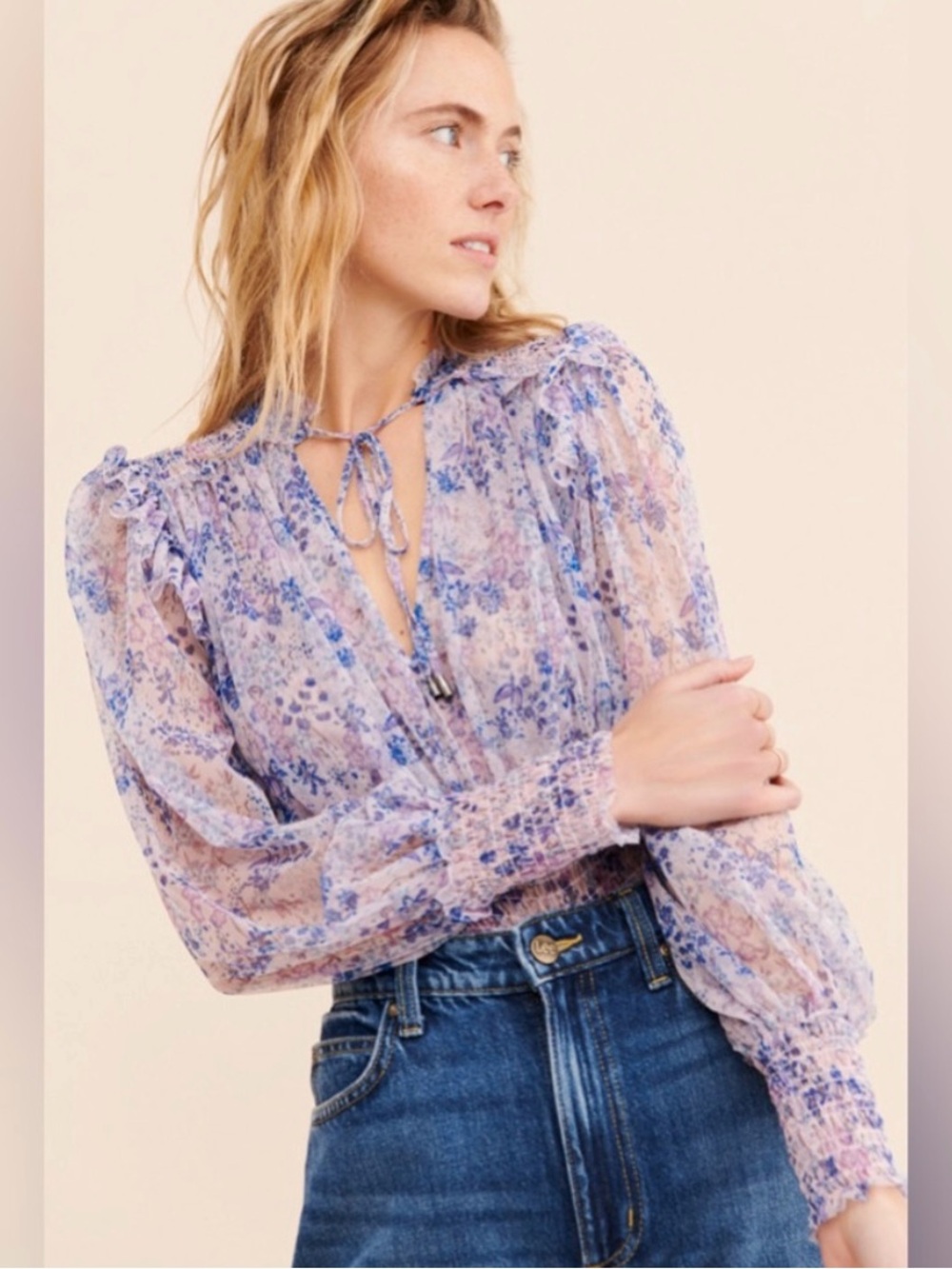 Free People Lavender Floral Sheer Tie-Neck Twyla Blouse